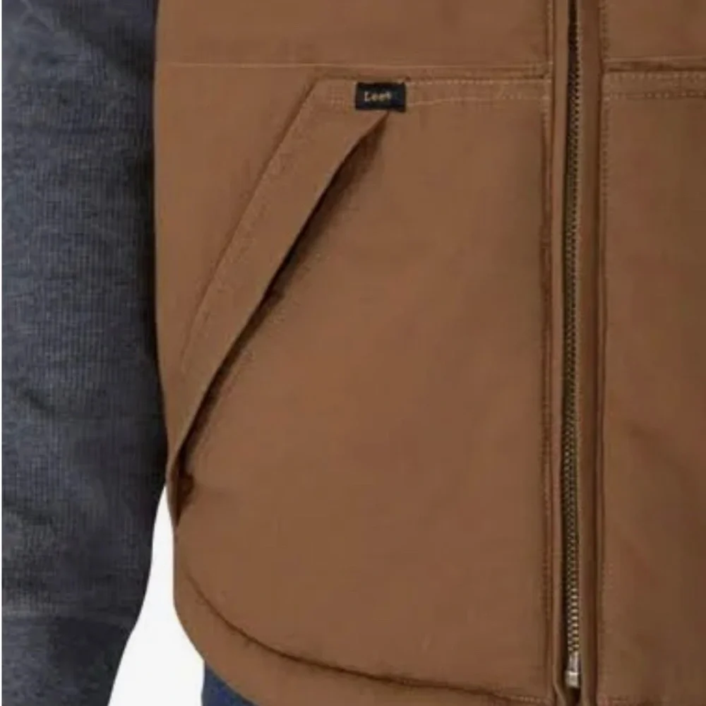 LEE - Men's Zip-Up Sherpa Lined Duck Canvas Workwear Vest - Brown - L